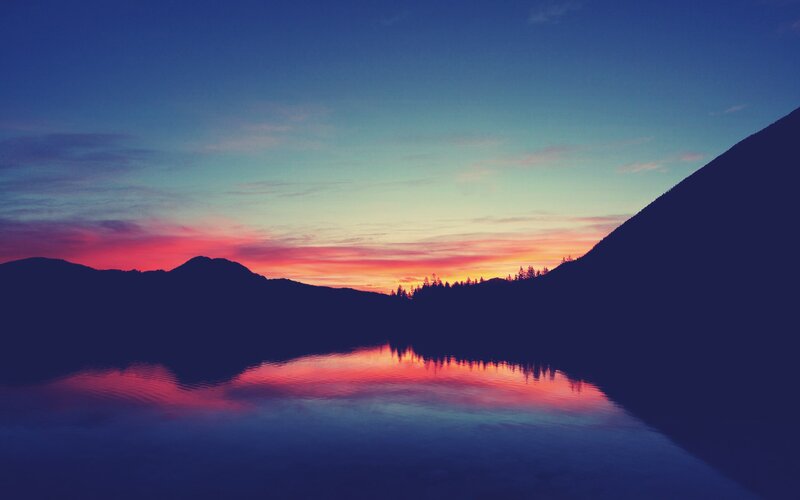 Mountain Lake at Sunset — Blue, Serene, Photograph, Mountains, Trees, Sky, Pink