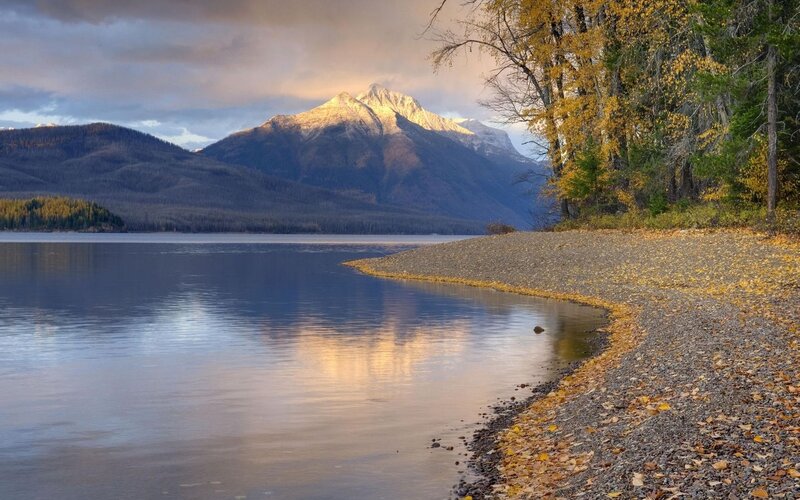 Mountain Lake at Sunset — Blue, Serene, Photograph, Mountains, Trees, Yellow, Gray