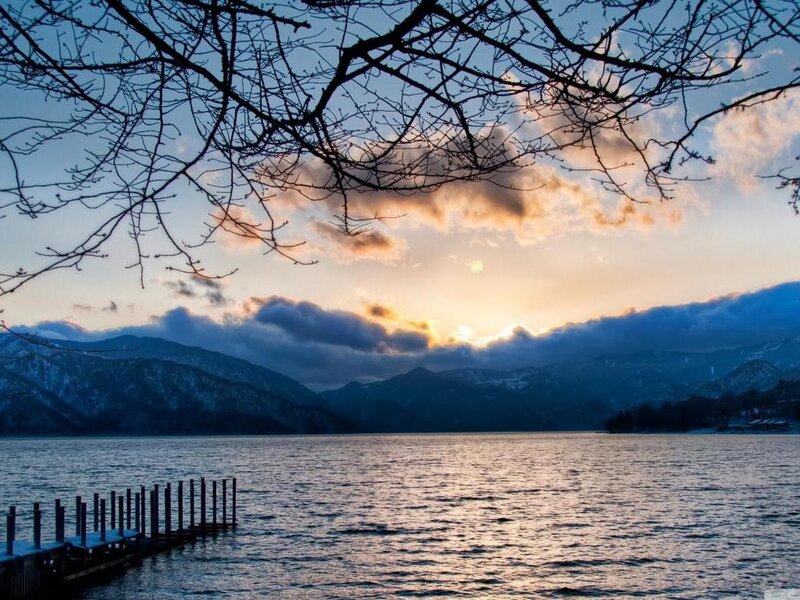 Mountain Lake at Sunset — Blue, Serene, Photograph, Trees, Dock