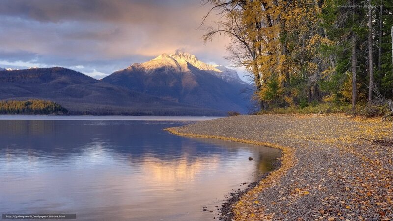 Mountain Lake at Sunset — Blue, Serene, Photograph, Trees, Mountains, Fallen Leaves