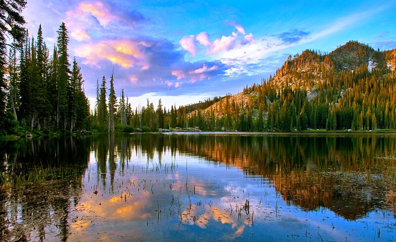 Mountain Lake at Sunset — Blue, Serene, Photograph, Trees, Sky