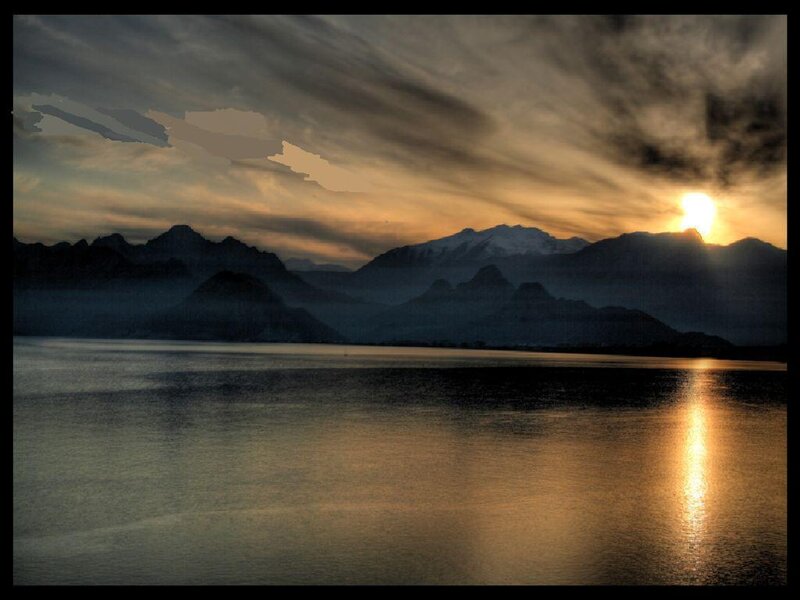 Mountain Lake at Sunset — Gold, Dramatic, Photograph, Mountains, Sun