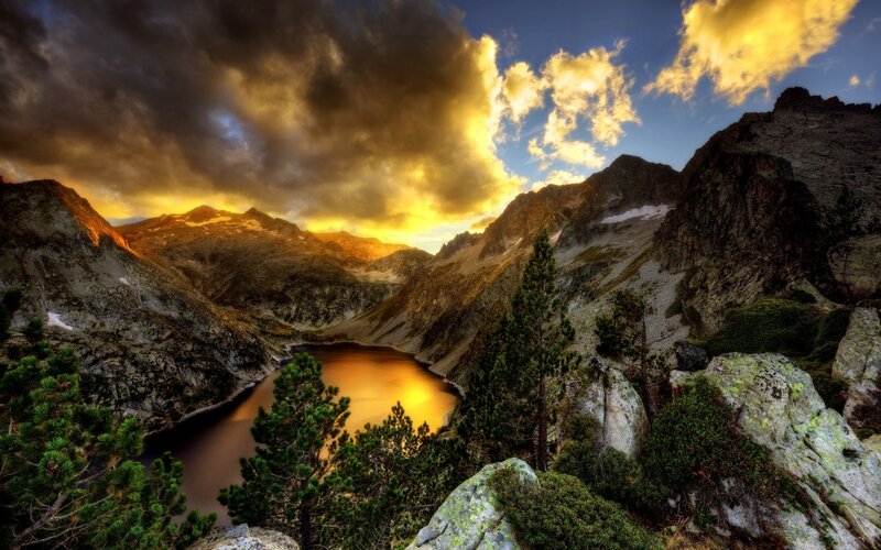 Mountain Lake at Sunset — Gold, Dramatic, Photograph