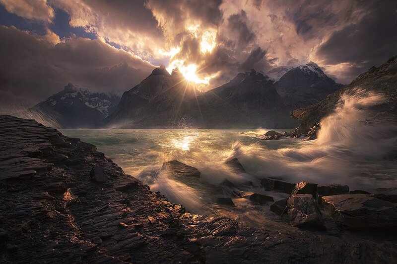 Mountain Lake at Sunset — Gold, Dramatic