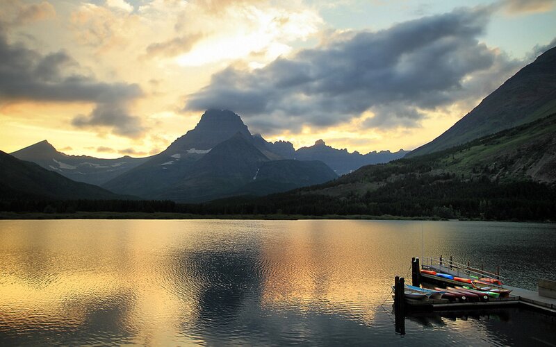 Mountain Lake at Sunset — Gold, Serene, Photograph, Mountains, Dock