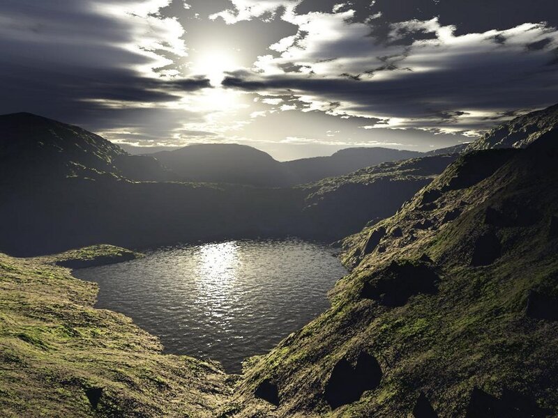 Mountain Lake at Sunset — Green, Dramatic, 3d Render, Sun