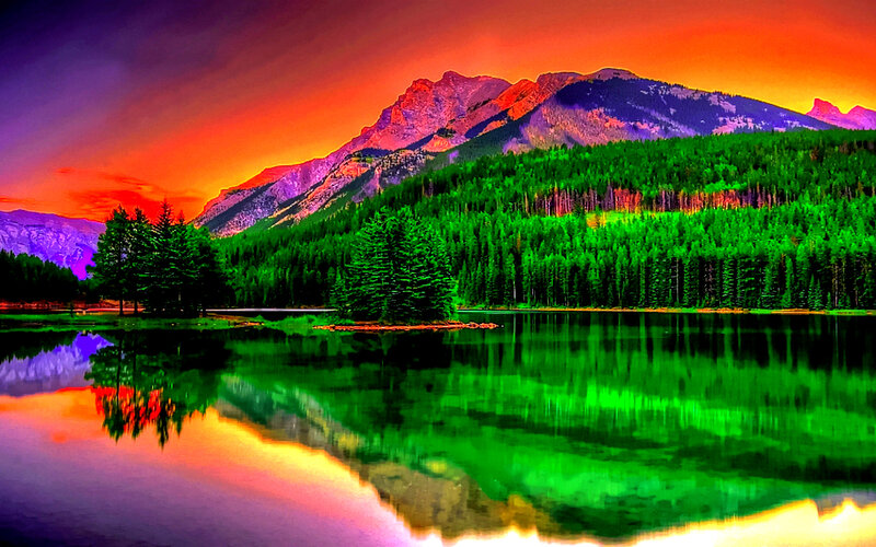 Mountain Lake at Sunset — Green, Dramatic, Digital Art