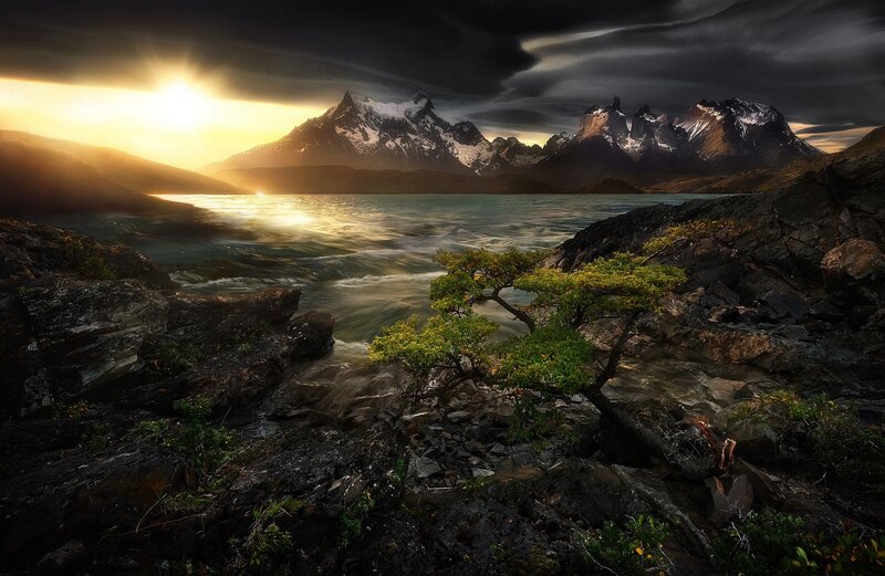 Mountain Lake at Sunset — Green, Dramatic, Photograph, Mountains