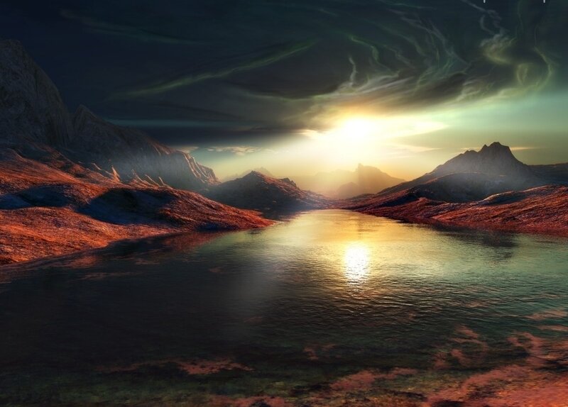 Mountain Lake at Sunset — Green, Dramatic