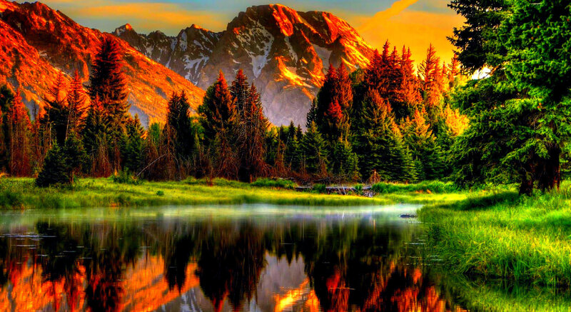 Mountain Lake at Sunset — Green, Serene, Photograph, Trees