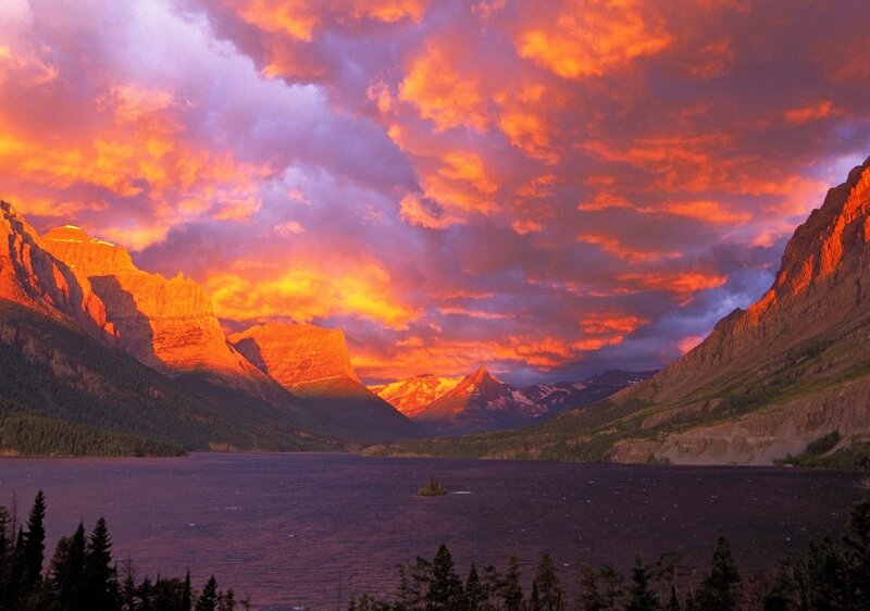 Mountain Lake at Sunset — Orange, Blue