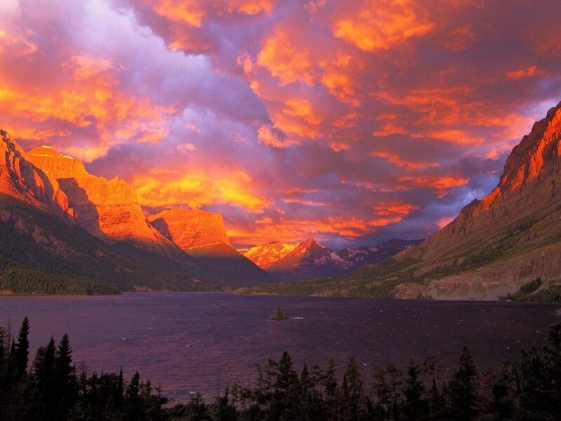 Mountain Lake at Sunset — Orange, Clouds