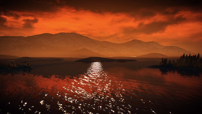 Mountain Lake at Sunset — Orange, Dramatic, 3d Render, Mountains
