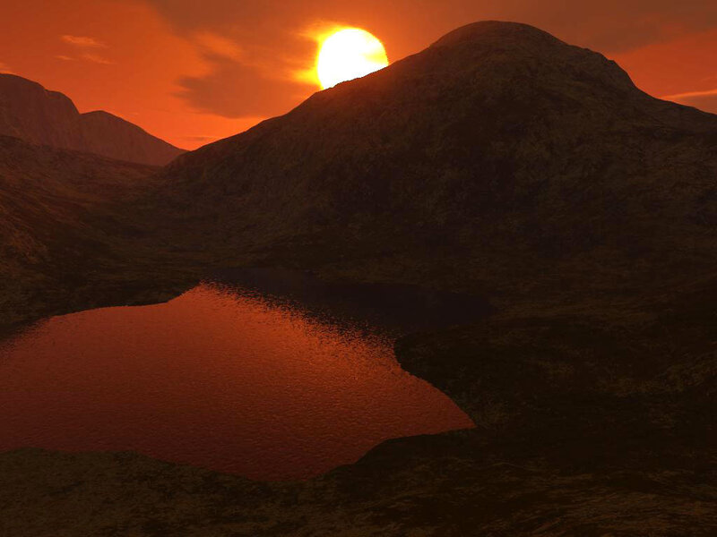 Mountain Lake at Sunset — Orange, Dramatic, 3d Render, Sun