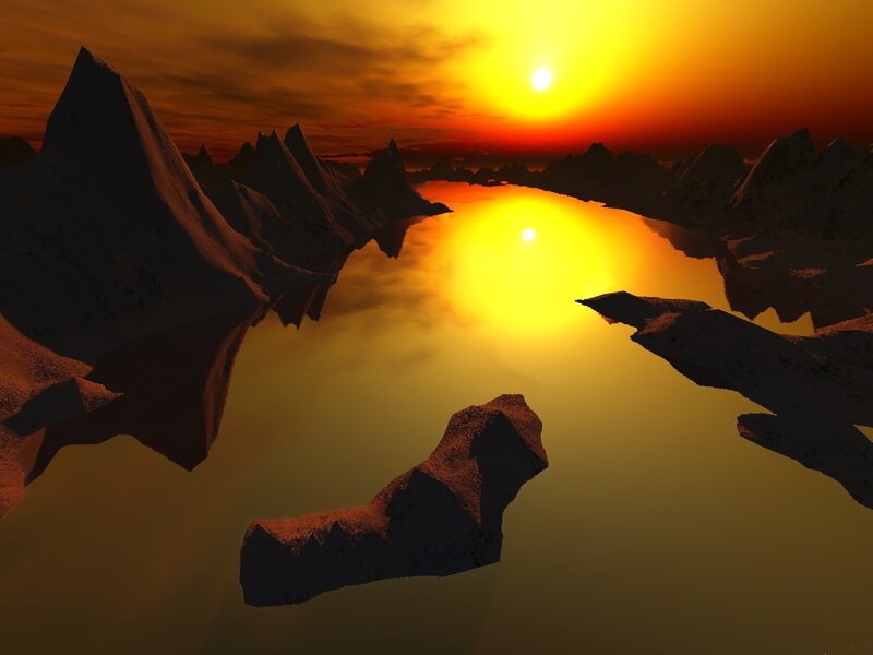 Mountain Lake at Sunset — Orange, Dramatic, 3d Render