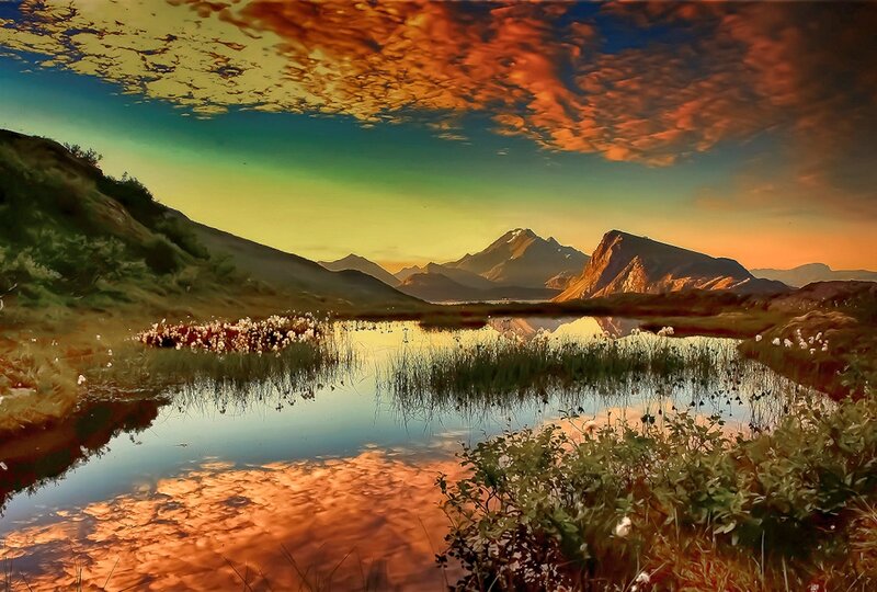 Mountain Lake at Sunset — Orange, Dramatic, Digital Art, Mountains, Sky