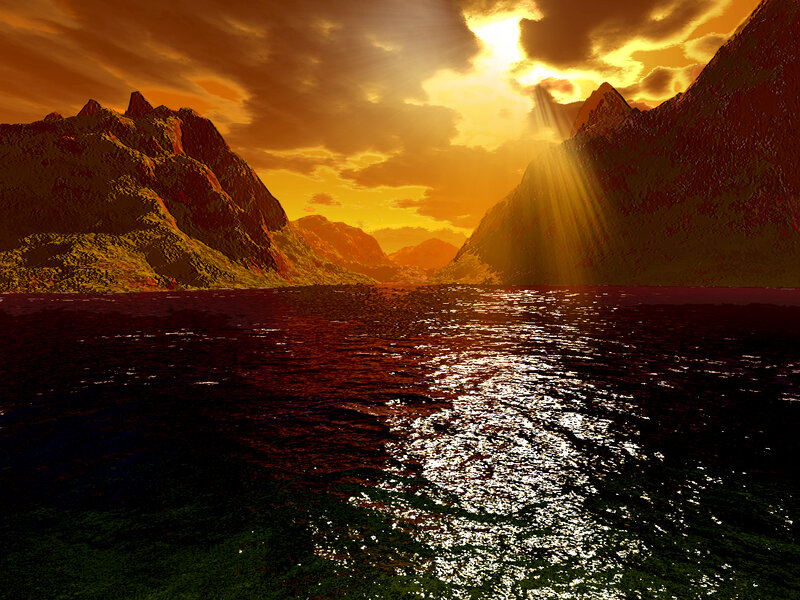 Mountain Lake at Sunset — Orange, Dramatic, Digital Art, Mountains, Sunlight