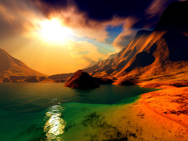Mountain Lake at Sunset — Orange, Dramatic, Digital Art, Mountains