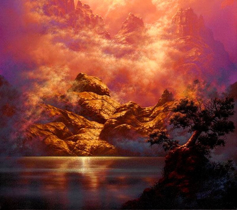 Mountain Lake at Sunset — Orange, Dramatic, Digital Art, Mountains, Tree