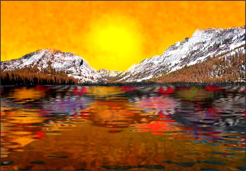 Mountain Lake at Sunset — Orange, Dramatic, Digital Art, Mountains, Trees