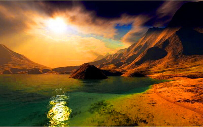 Mountain Lake at Sunset — Orange, Dramatic, Digital Art
