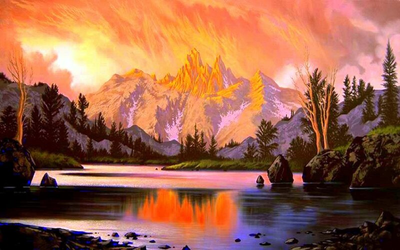 Mountain Lake at Sunset — Orange, Dramatic, Painting