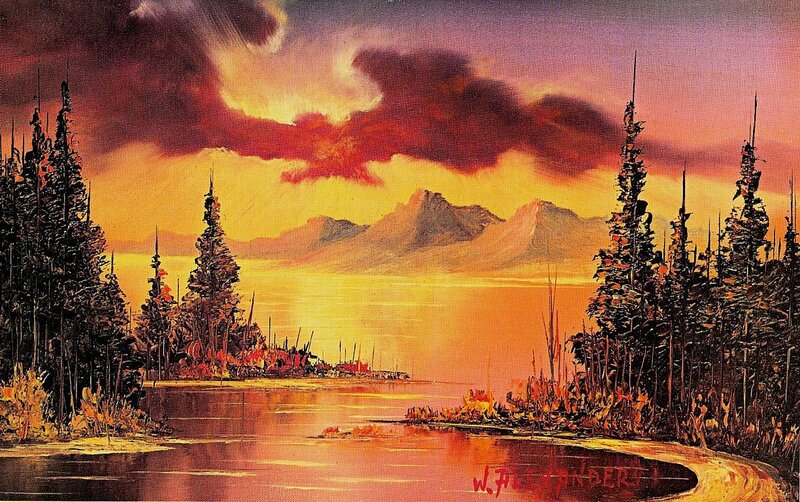 Mountain Lake at Sunset — Orange, Dramatic, Painting, Trees, Mountains