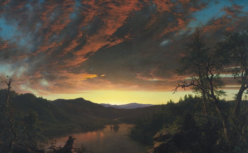 Mountain Lake at Sunset — Orange, Dramatic, Painting, Trees