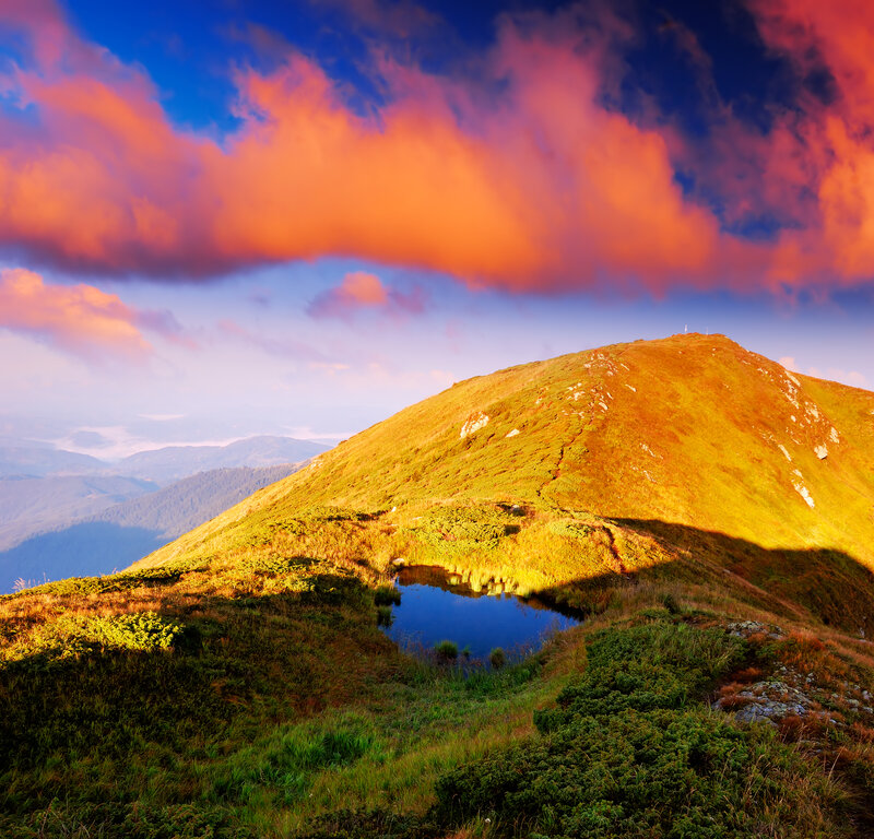 Mountain Lake at Sunset — Orange, Dramatic, Photograph, Clouds