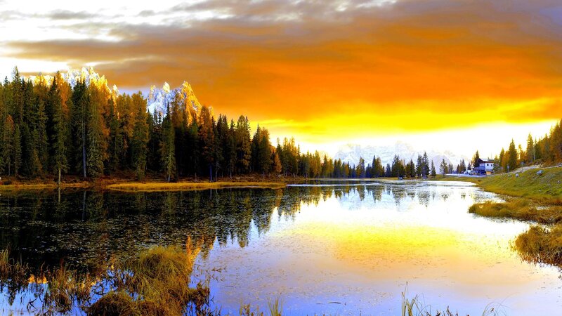 Mountain Lake at Sunset — Orange, Dramatic, Photograph, Forest, Mountains