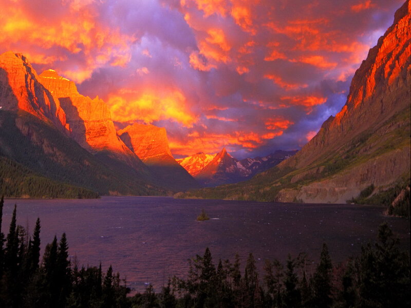 Mountain Lake at Sunset — Orange, Dramatic, Photograph, Mountains, Clouds