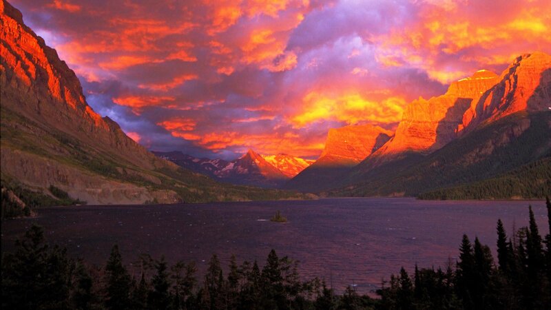 Mountain Lake at Sunset — Orange, Dramatic, Photograph, Mountains, Clouds, Trees