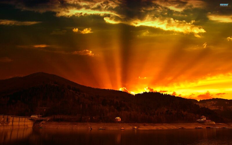 Mountain Lake at Sunset — Orange, Dramatic, Photograph, Mountains, Dam