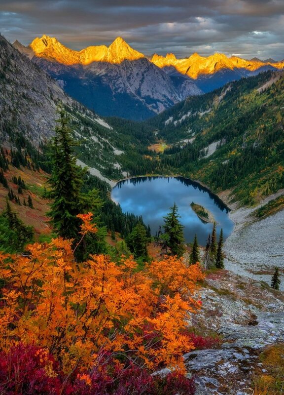 Mountain Lake at Sunset — Orange, Dramatic, Photograph, Mountains, Forest, Autumn Foliage