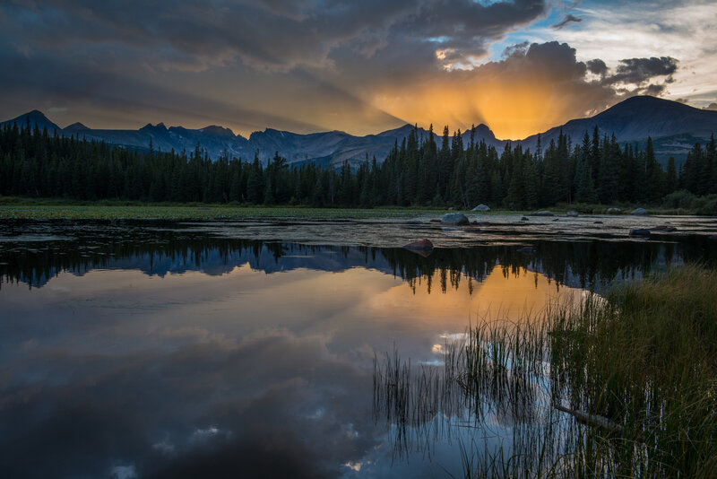 Mountain Lake at Sunset — Orange, Dramatic, Photograph, Mountains, Forest, Clouds