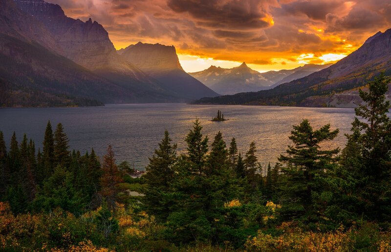 Mountain Lake at Sunset — Orange, Dramatic, Photograph, Mountains, Forest, Island