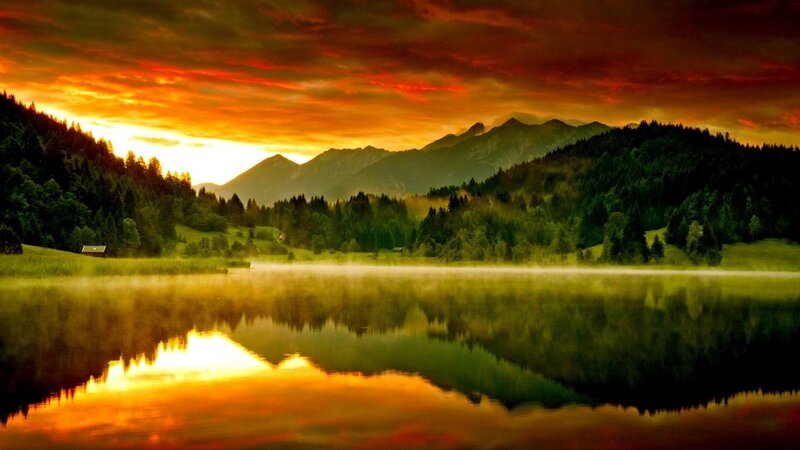 Mountain Lake at Sunset — Orange, Dramatic, Photograph, Mountains, Forest, Mist