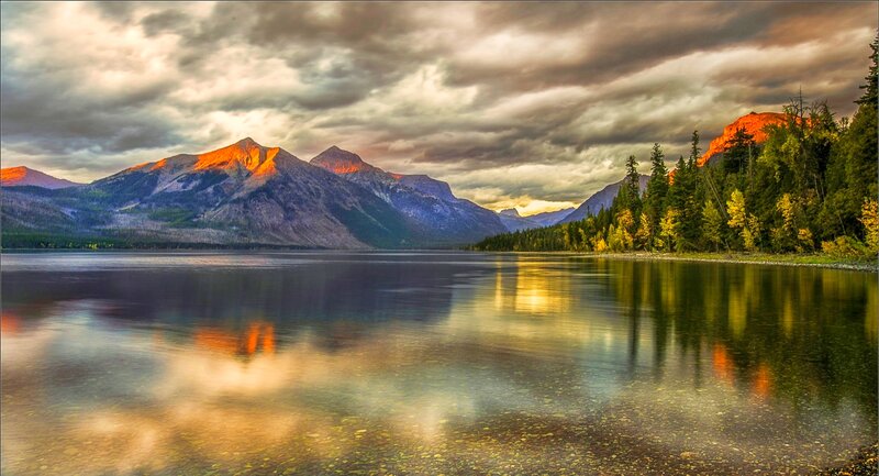 Mountain Lake at Sunset — Orange, Dramatic, Photograph, Mountains, Forest, Sky
