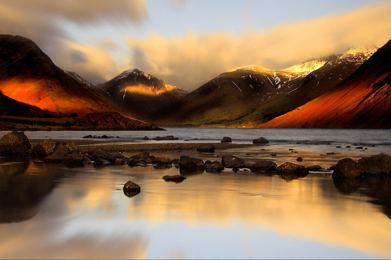 Mountain Lake at Sunset — Orange, Dramatic, Photograph, Mountains, Rocks