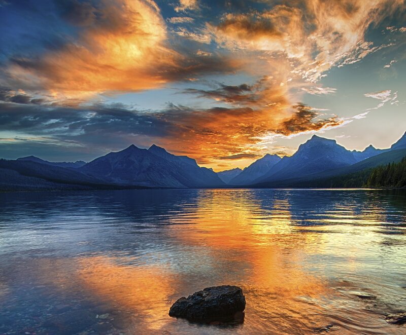Mountain Lake at Sunset — Orange, Dramatic, Photograph, Mountains, Sky