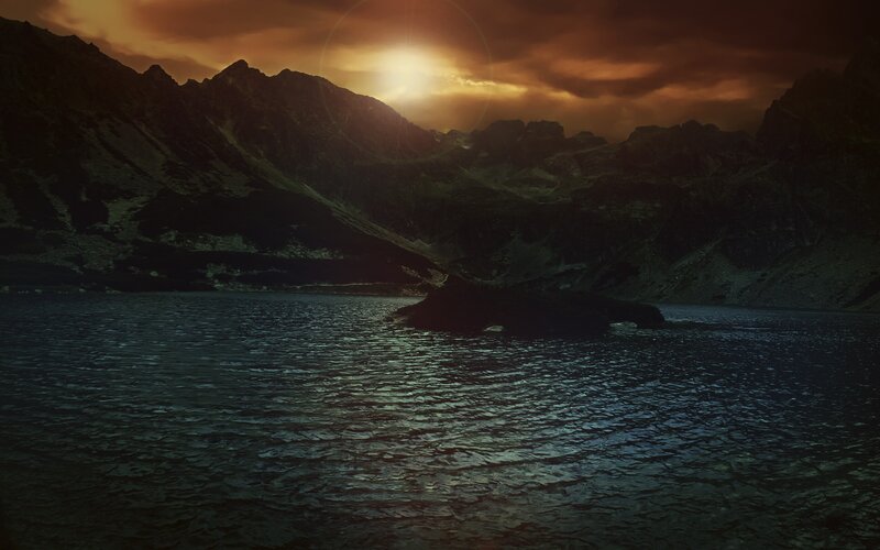 Mountain Lake at Sunset — Orange, Dramatic, Photograph, Mountains, Sun
