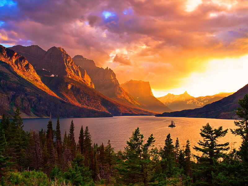 Mountain Lake at Sunset — Orange, Dramatic, Photograph, Mountains