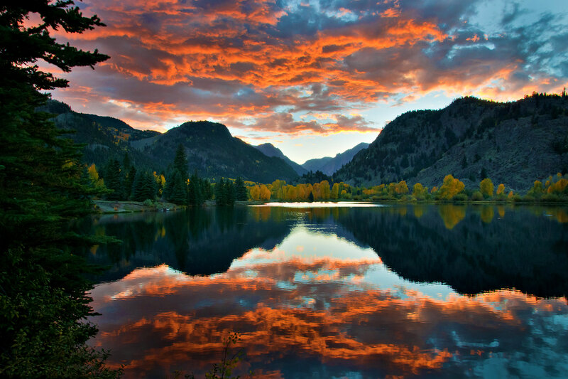 Mountain Lake at Sunset — Orange, Dramatic, Photograph, Mountains, Trees, Clouds