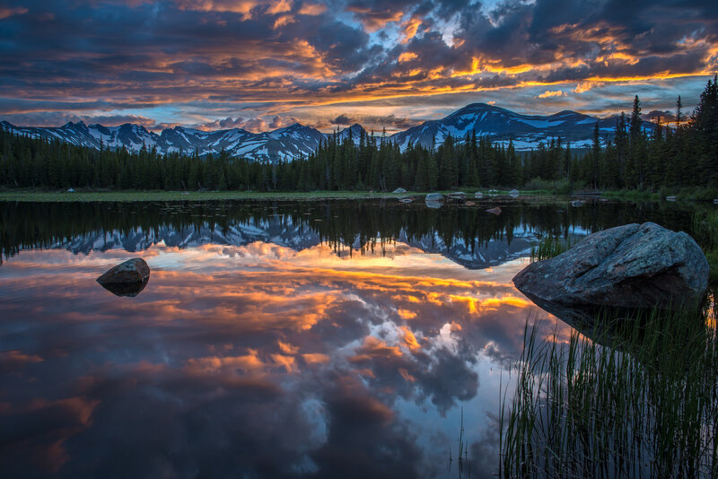 Mountain Lake at Sunset — Orange, Dramatic, Photograph, Mountains, Trees, Rocks