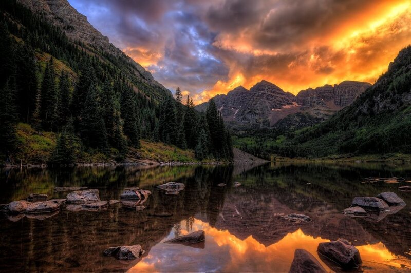 Mountain Lake at Sunset — Orange, Dramatic, Photograph, Mountains, Trees, Sky, Rocks