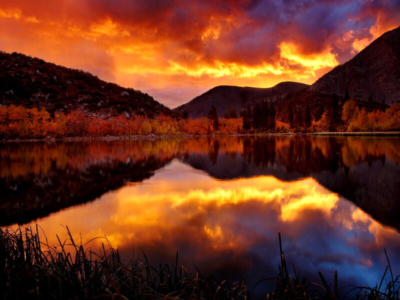 Mountain Lake at Sunset — Orange, Dramatic, Photograph, Mountains, Trees, Sky