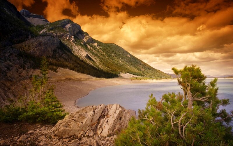 Mountain Lake at Sunset — Orange, Dramatic, Photograph, Mountains, Trees