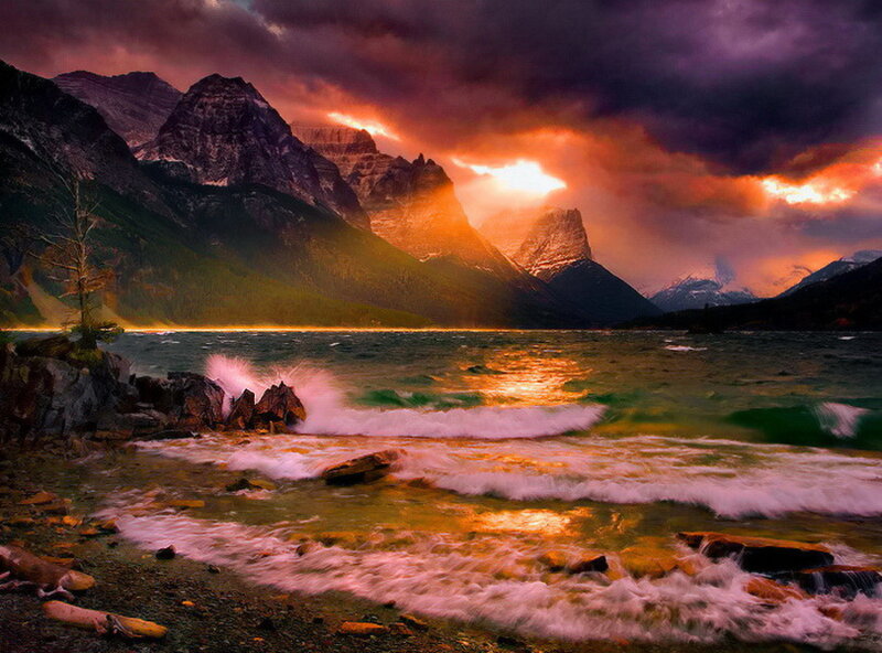 Mountain Lake at Sunset — Orange, Dramatic, Photograph, Mountains, Waves
