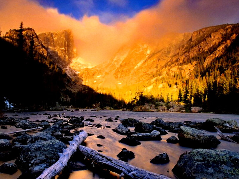 Mountain Lake at Sunset — Orange, Dramatic, Photograph, Rocks