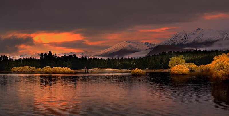 Mountain Lake at Sunset — Orange, Dramatic, Photograph, Snow-capped Mountains, Forest
